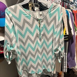 Tacera Teal and Gray Chevron Blouse